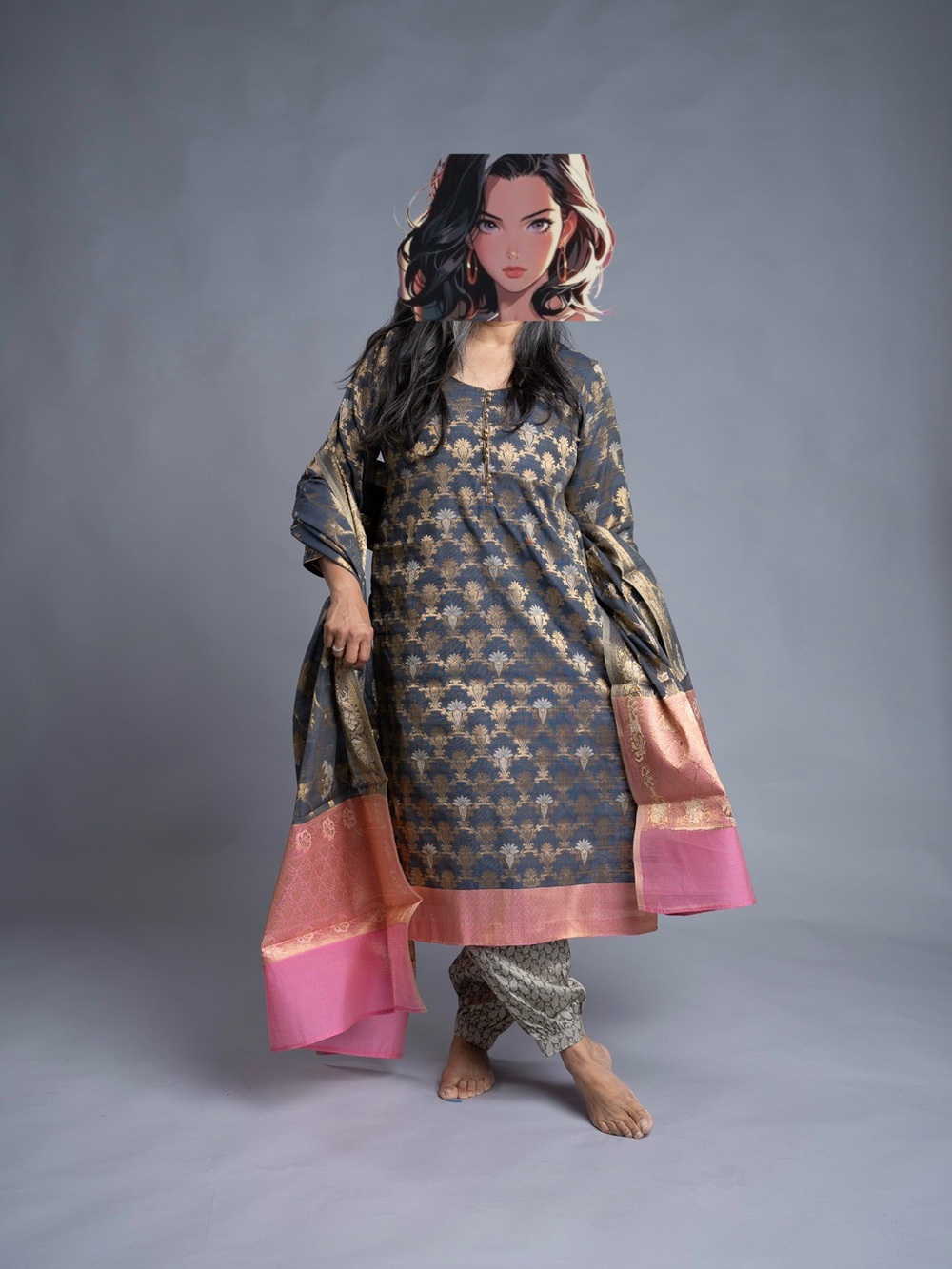Navy & Gold Brocade Straight Kurta with Pink Border